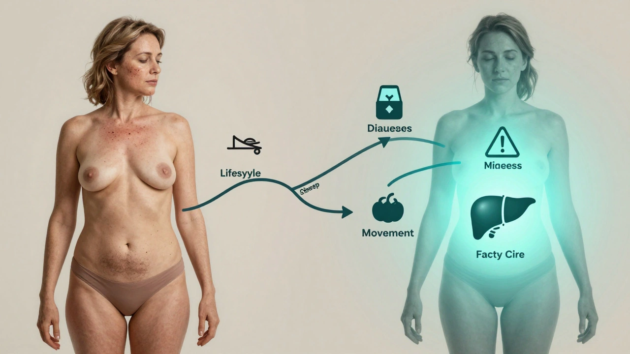 An abstract body diagram showing PCOS long-term health risks and lifestyle interventions.