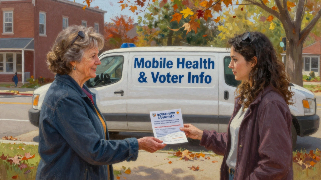 An older woman handing a flyer to a younger woman outside a community center with a mobile health van in the background.