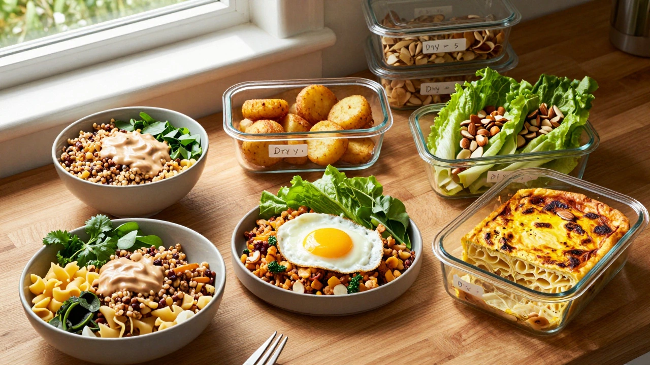 Five creative leftover meals arranged on a countertop: grain bowl, hash, potato cakes, lettuce wraps, and pasta frittata.
