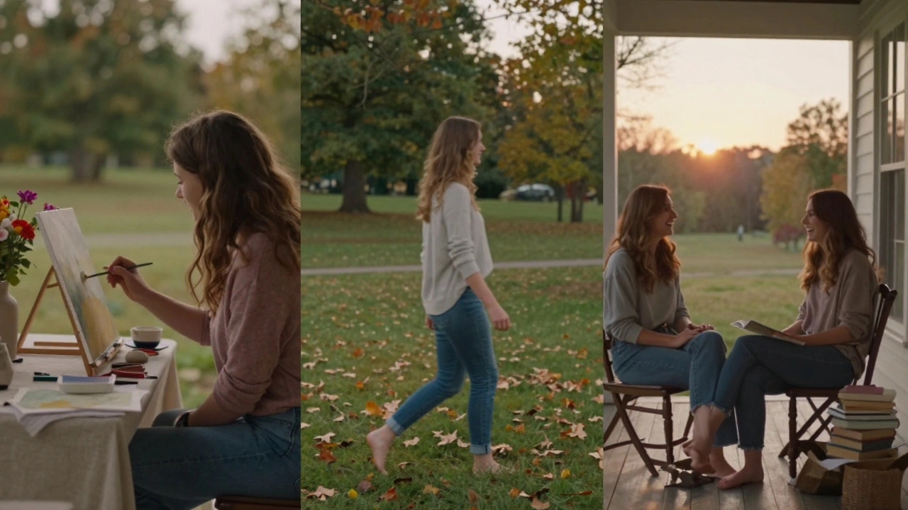 Three women enjoy quiet, device-free moments: painting, walking, and talking at sunset.