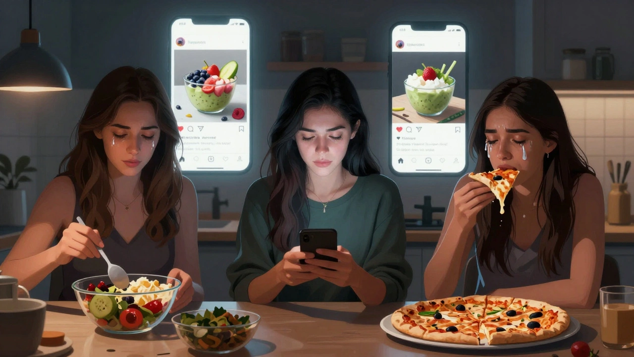 Three women shown in different scenes: one weighing food, another scrolling social media, and a third secretly eating pizza with tears.