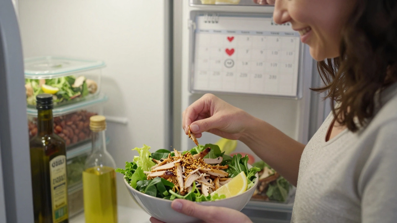 Woman assembling a quick salad with leftover chicken, greens, and beans beside labeled fridge containers.