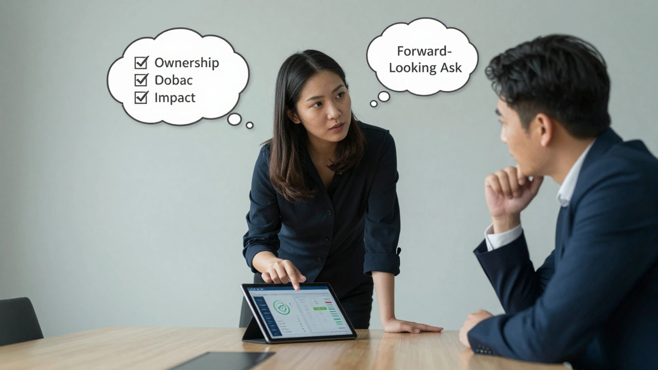 Woman confidently discussing performance results with a manager during a review meeting.
