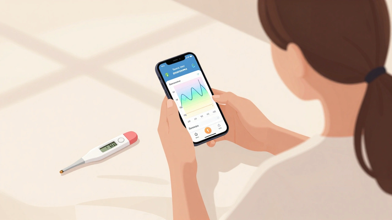 Woman using a fertility tracking app on her phone in bed with a thermometer nearby, representing cycle monitoring.