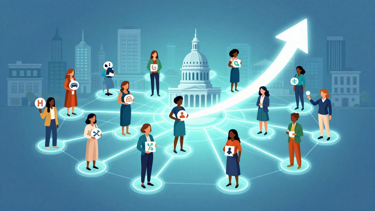 Women from different backgrounds connected by a glowing network of symbols representing key voting issues.