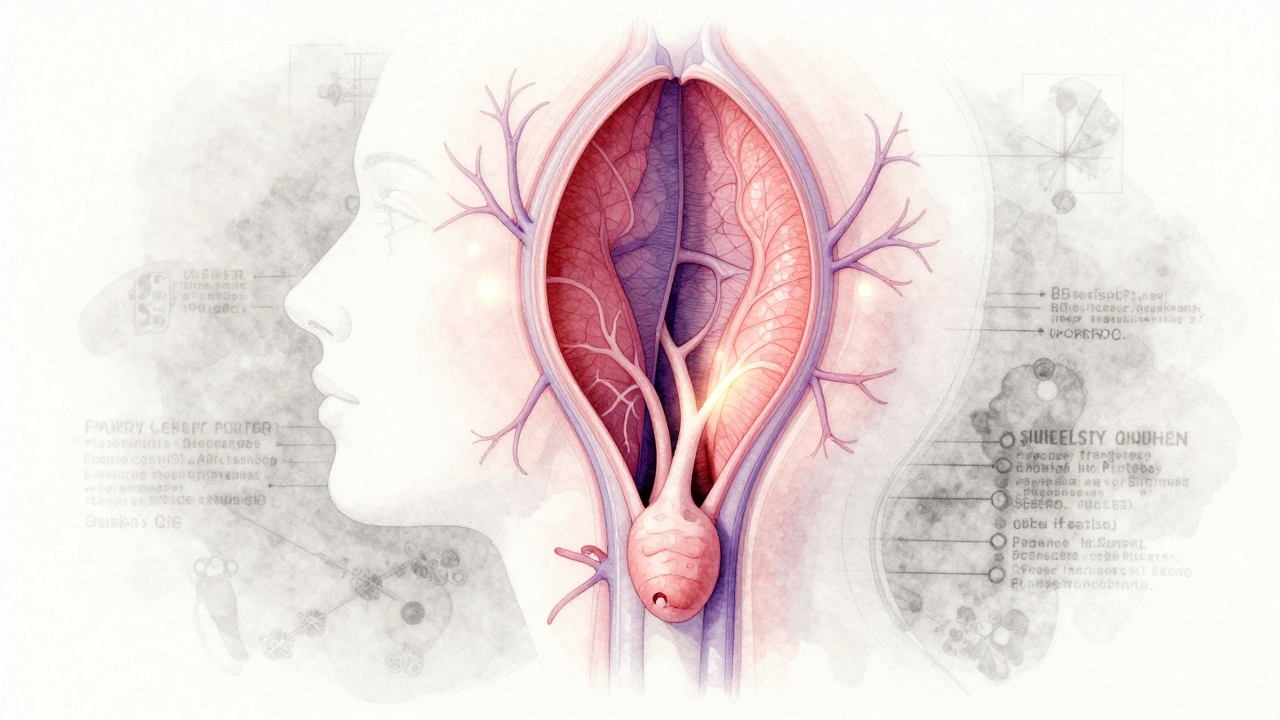 A detailed watercolor illustration of the clitoris's internal structure, shown as an intricate network of tissue.