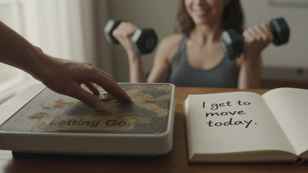A hand putting away a scale while a woman lifts weights with joy, symbolizing letting go of punishment.