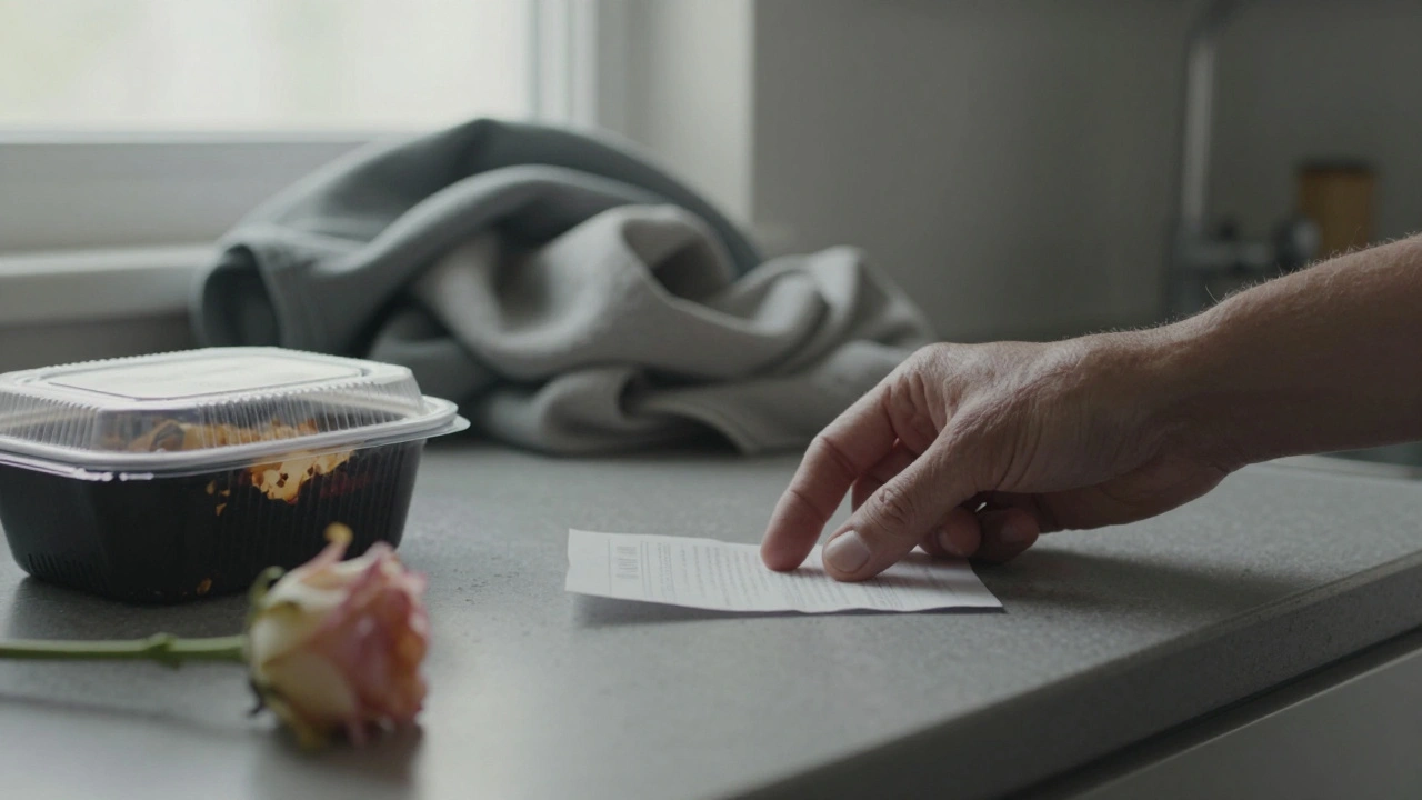 A handwritten note beside takeout and a flower on a kitchen counter, symbolizing quiet, consistent care.