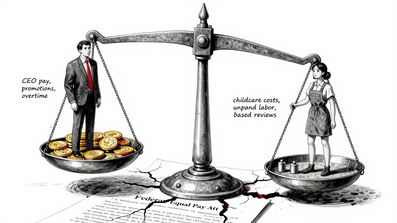 A mechanical scale tipping against a woman, weighed down by childcare and bias, beside inflated CEO pay.