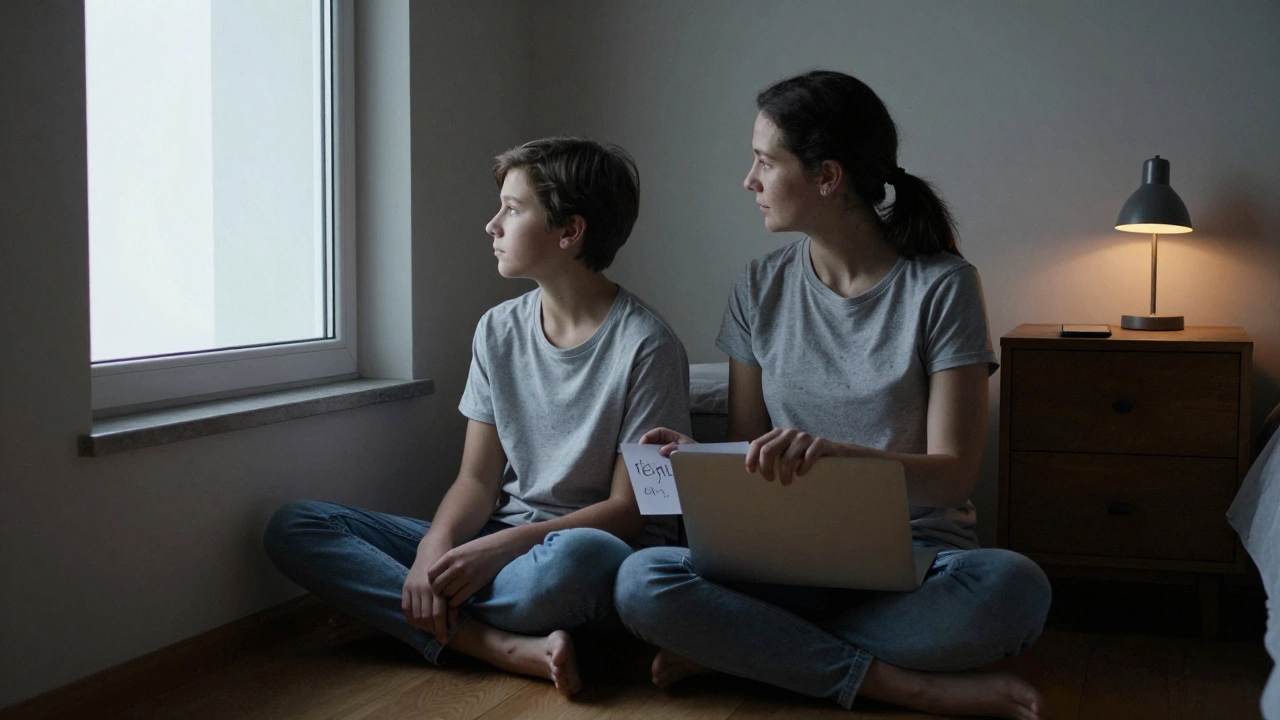 A mother and teen sit silently together on a bedroom floor, sharing quiet presence without words.