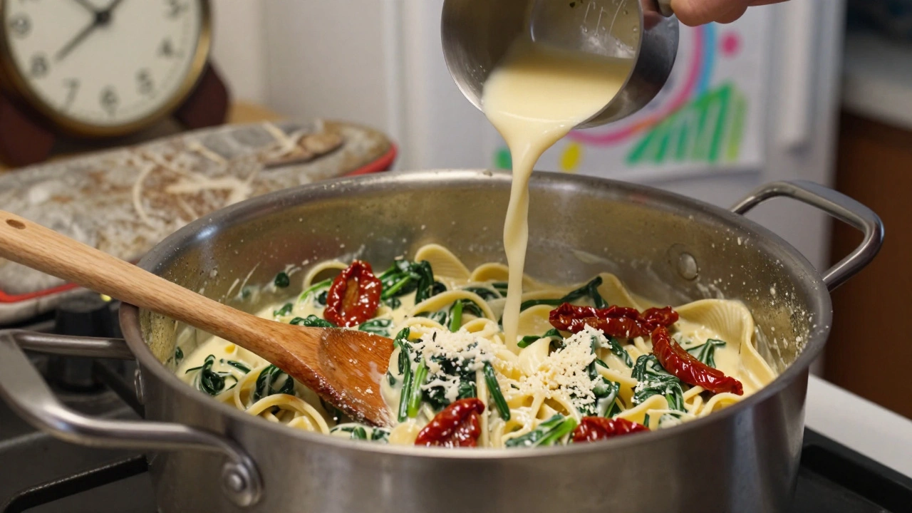 A pot of creamy Tuscan pasta with spinach and Parmesan, steam rising as a wooden spoon rests on the edge.