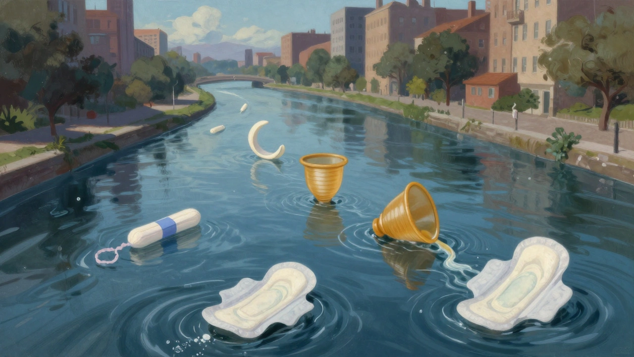 A river flowing with menstrual waste transforming into reusable period products, symbolizing environmental change.