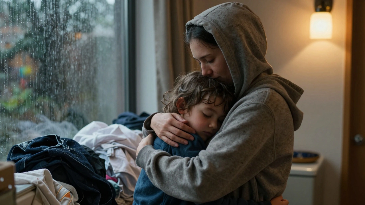 A tired mother hugs her child tightly in a dim hallway, rain streaking the window behind them.