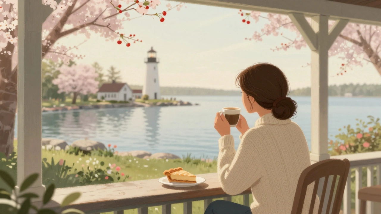 A woman enjoying coffee on a porch overlooking calm water with cherry trees and a lighthouse nearby.