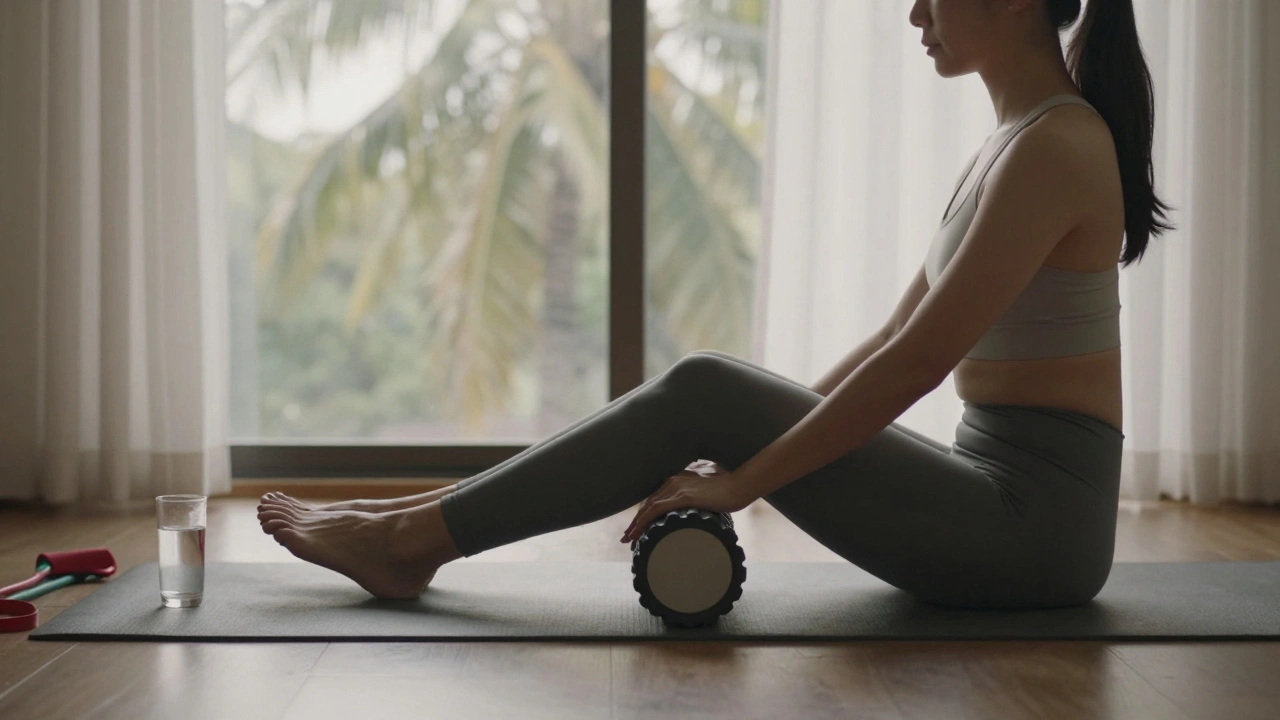 A woman gently foam rolling her leg in a quiet, sunlit room after a gentle workout.