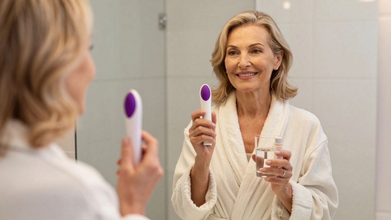 A woman holding a vibrator in front of a mirror, surrounded by self-care products, radiating confidence.