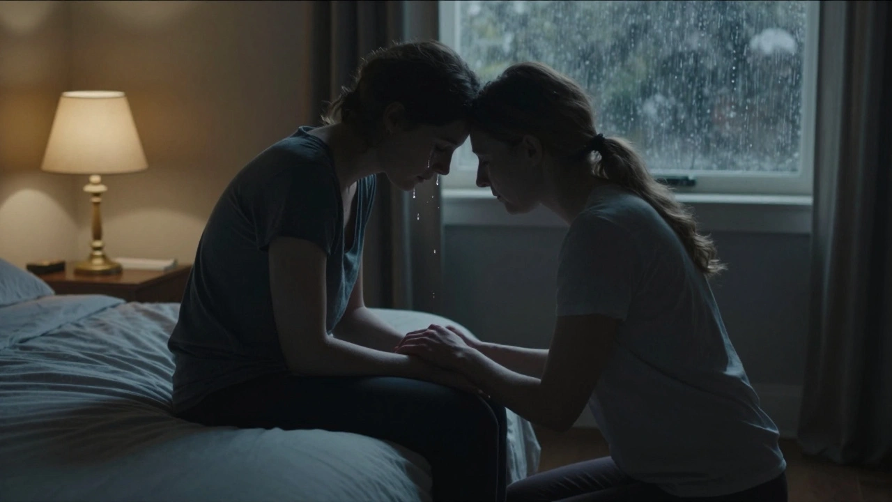 A woman offering silent comfort to a friend in tears, their foreheads touching in a dimly lit room.
