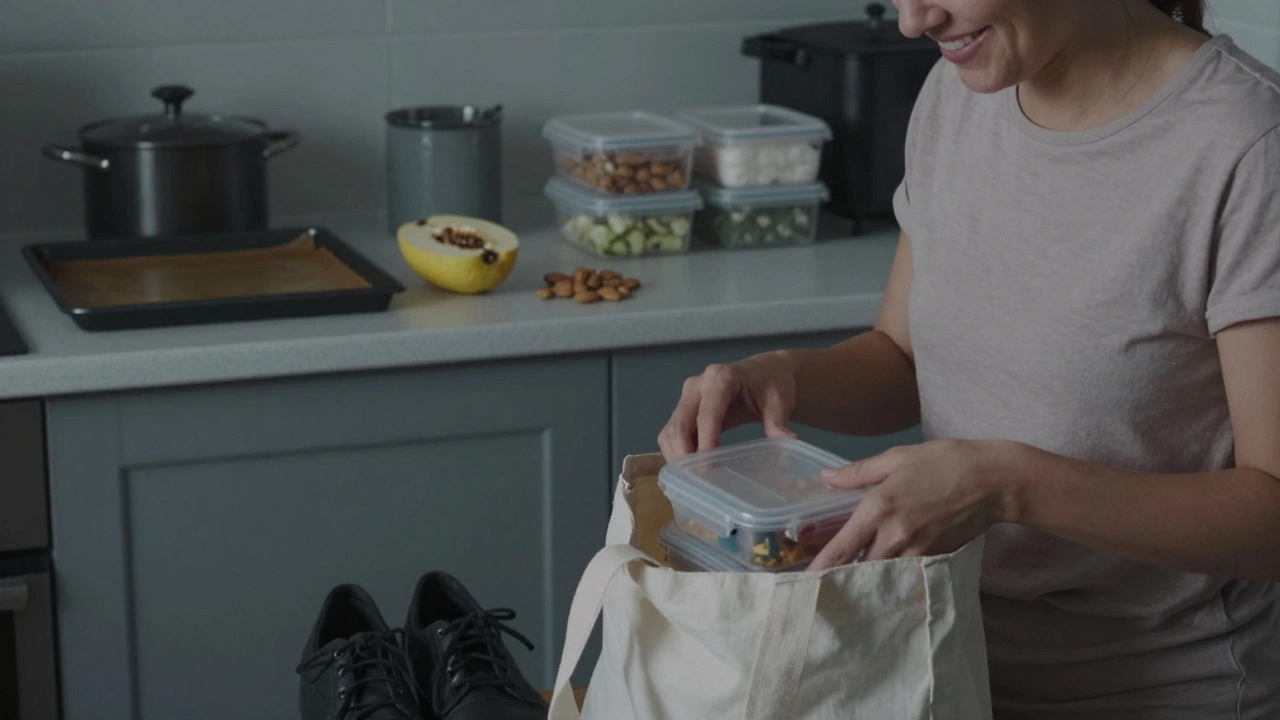 A woman packing a lunch container into a tote bag beside fruit and almonds, with basic kitchen tools visible in the softly lit background.