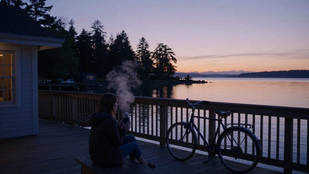 A woman sitting alone on a wooden deck at dusk, holding a thermos, with calm water and distant islands behind her.