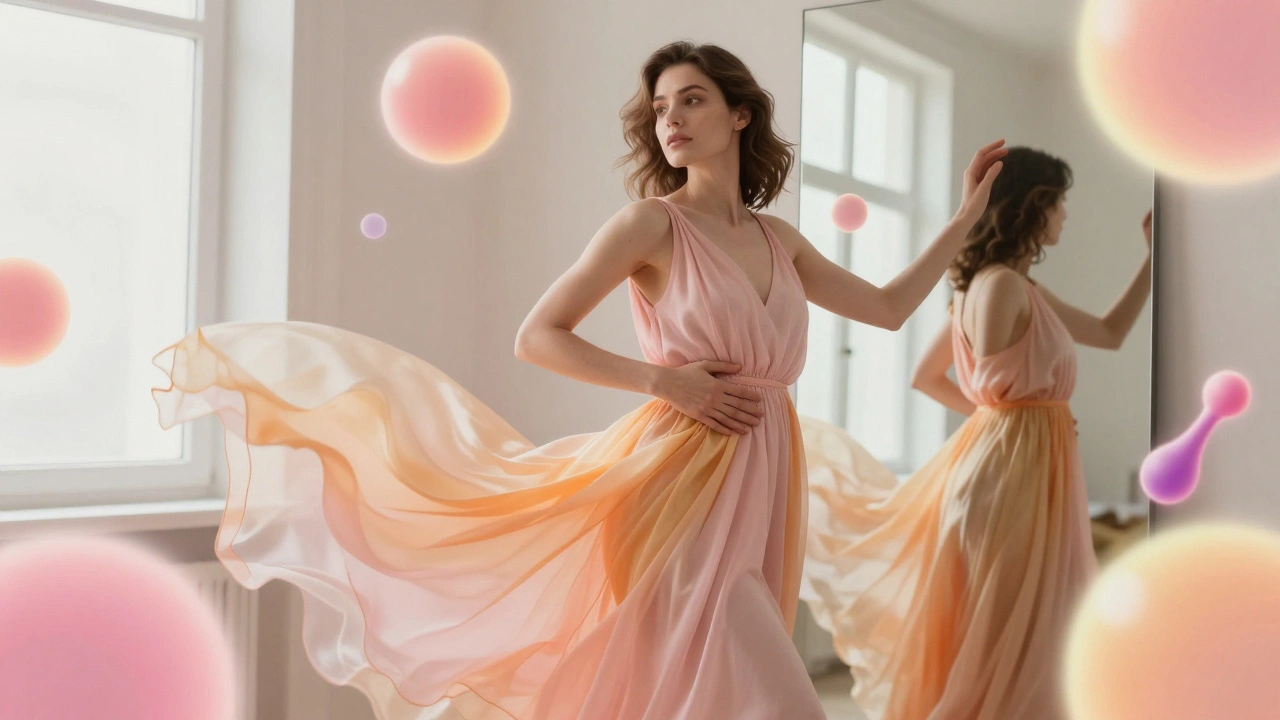 A woman surrounded by glowing orbs representing hormonal changes during ovulation, dressed in a color-shifting dress.
