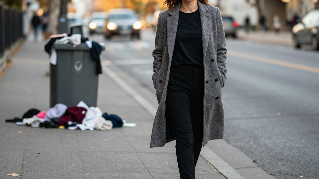 A woman walking confidently in a wool coat and classic black pants, with discarded fast-fashion items blurred behind her in an urban setting.