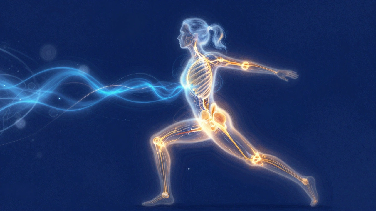 Abstract illustration of glowing nerve pathways inside a runner's silhouette.