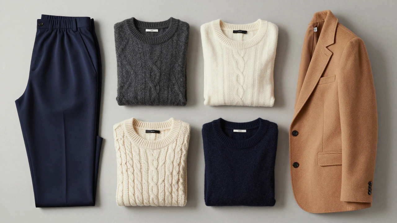 Collection of neutral colored workwear fabrics and garments arranged neatly.