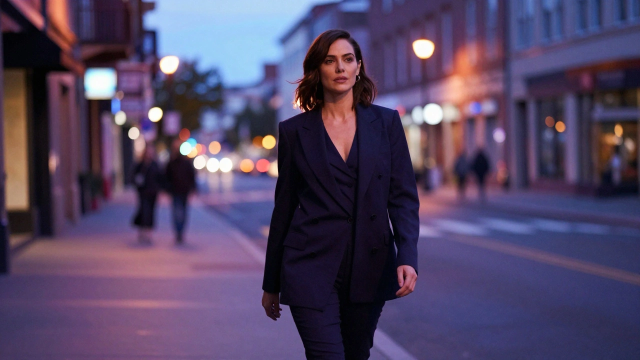 Confident woman walking down a city street at dusk with good posture.