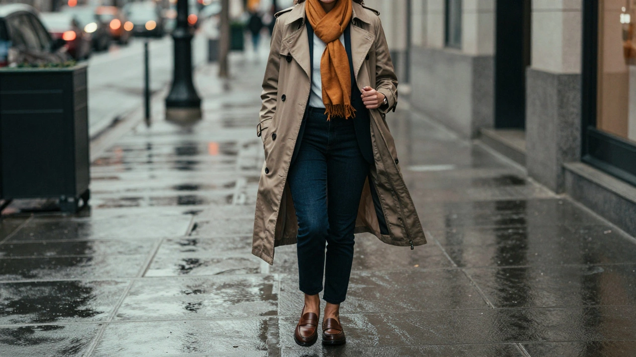 Confident woman walking outside wearing tailored professional winter coat.