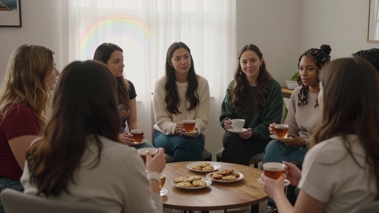 Diverse group of LGBTQ+ women sharing stories and tea in a warm, supportive community setting.
