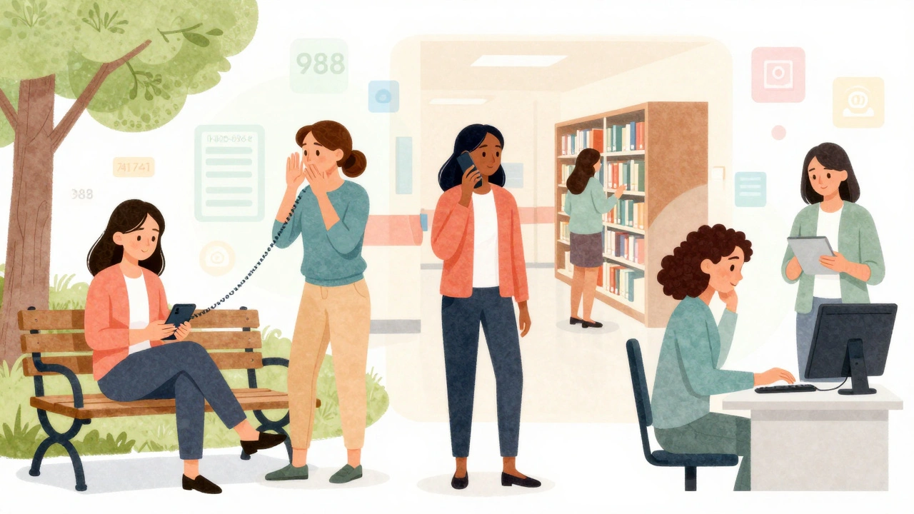 Diverse women in different locations connected by faint icons of crisis helplines, symbolizing accessible support.