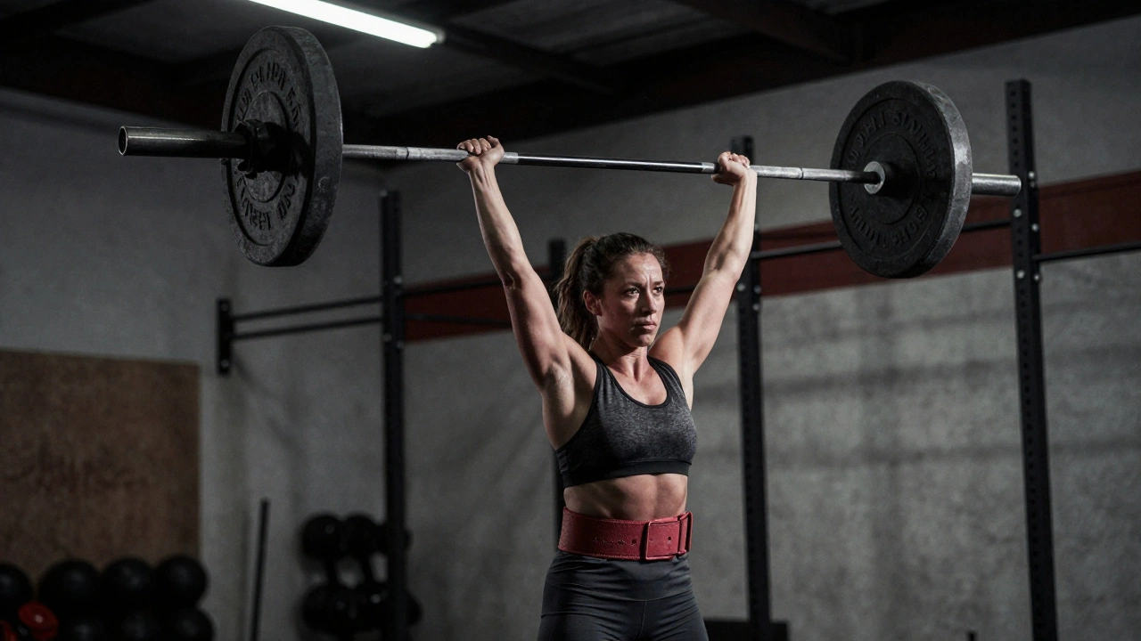 Empowered woman lifting heavy weights in a dimly lit gym environment.