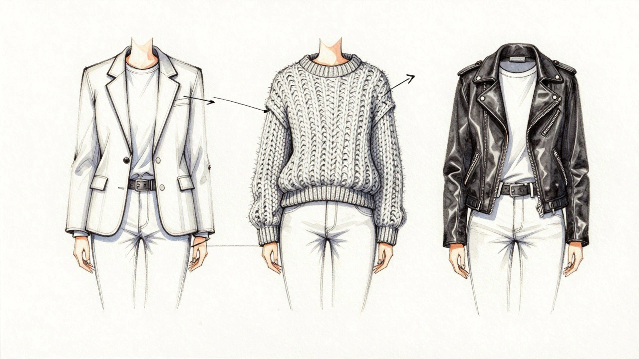 Fashion sketch showing blazer, knit, and leather jacket layering options.