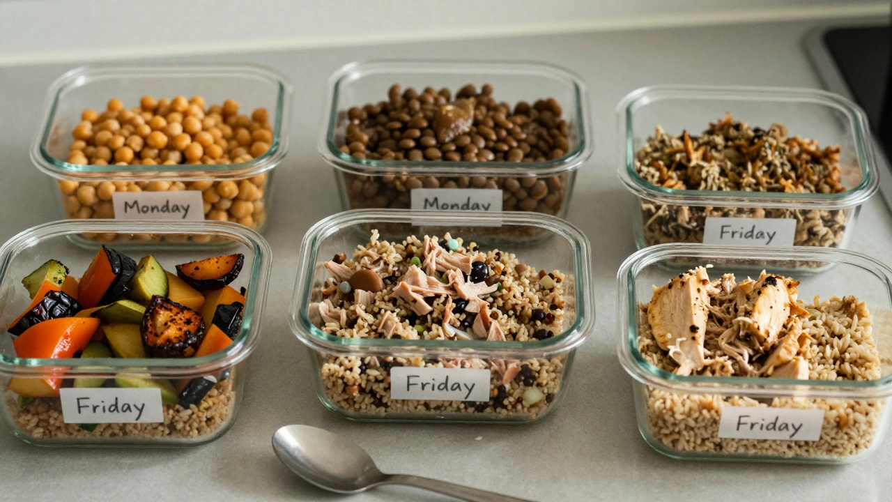Five labeled glass containers filled with different meal prep lunches: chickpea salad, lentil stew, quinoa bowl, tuna salad, and chicken with rice.