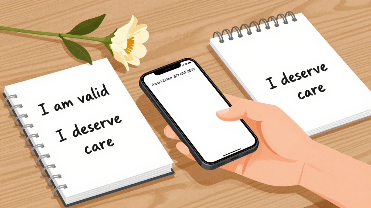 Hand reaching for a phone displaying Trans Lifeline number beside handwritten affirmations.