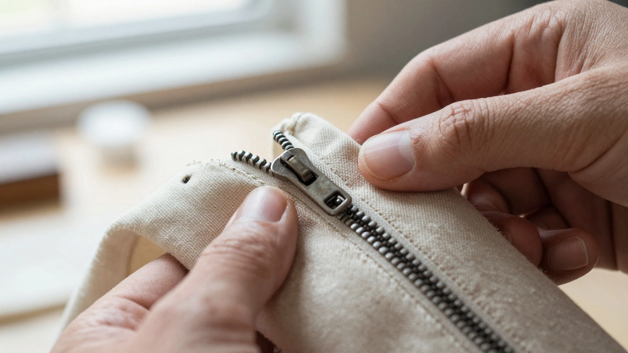 Hands inspecting fabric weave and metal zipper detail.
