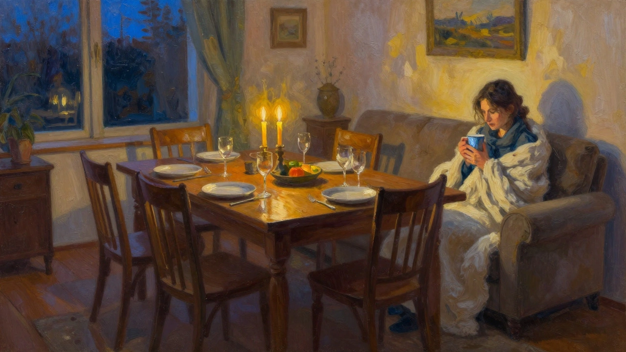 Person shivering in blanket at dinner table