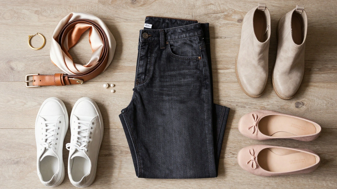 Shoes, jewelry, and scarf arranged around folded denim and t-shirt.