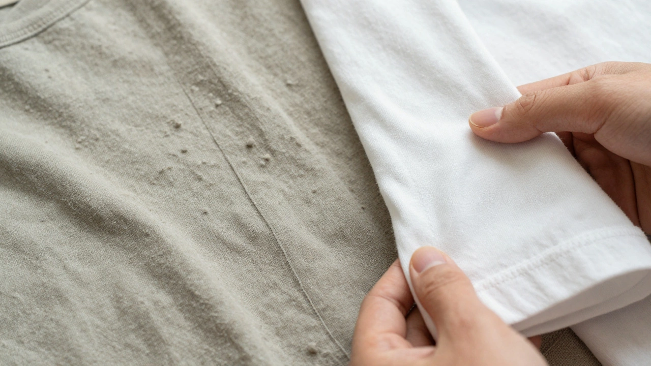 Side-by-side comparison of a faded, low-quality T-shirt and a durable organic cotton tee, highlighting fabric texture and stitching quality.