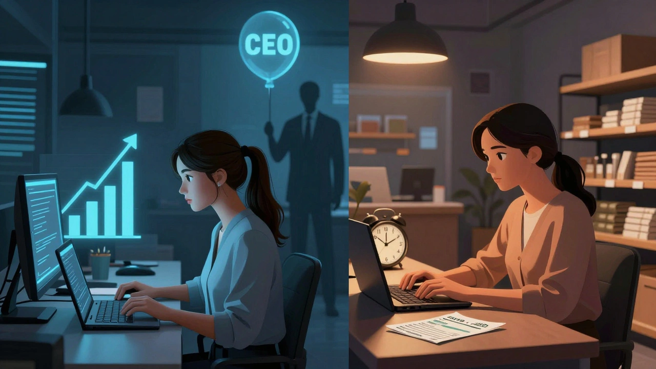 Split scene: young women in tech versus a single mother in retail, with CEO shadow and daycare bill.