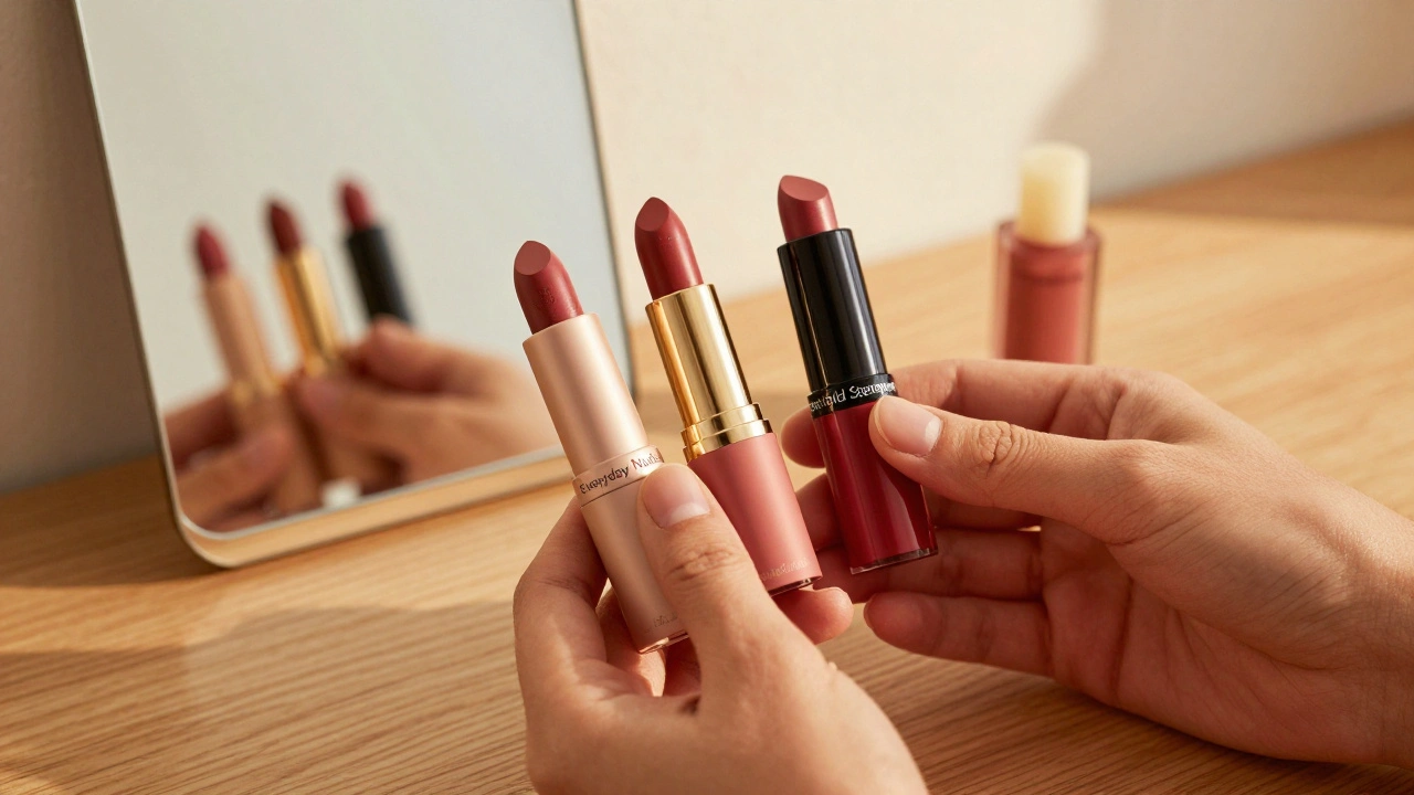 Three lipstick shades labeled for everyday, bold, and seasonal wear beside a mirror.