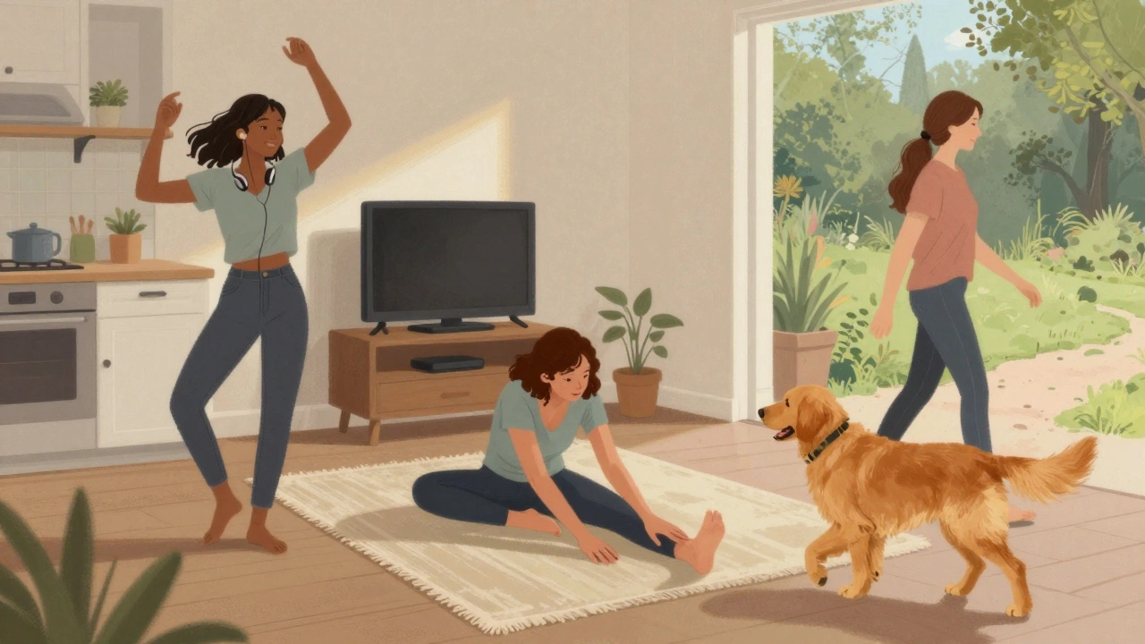 Three women enjoying movement in different ways: dancing, stretching, and walking with a dog.
