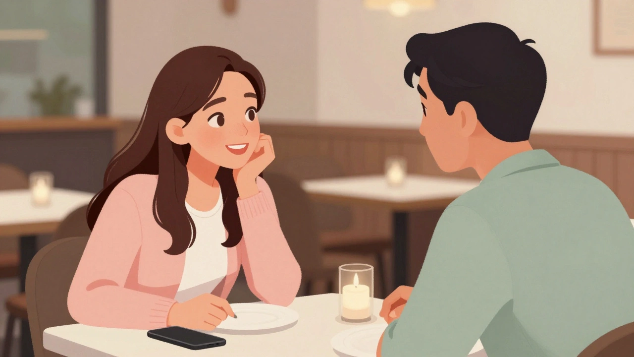 Two people engaged in conversation at a restaurant table with warm lighting.