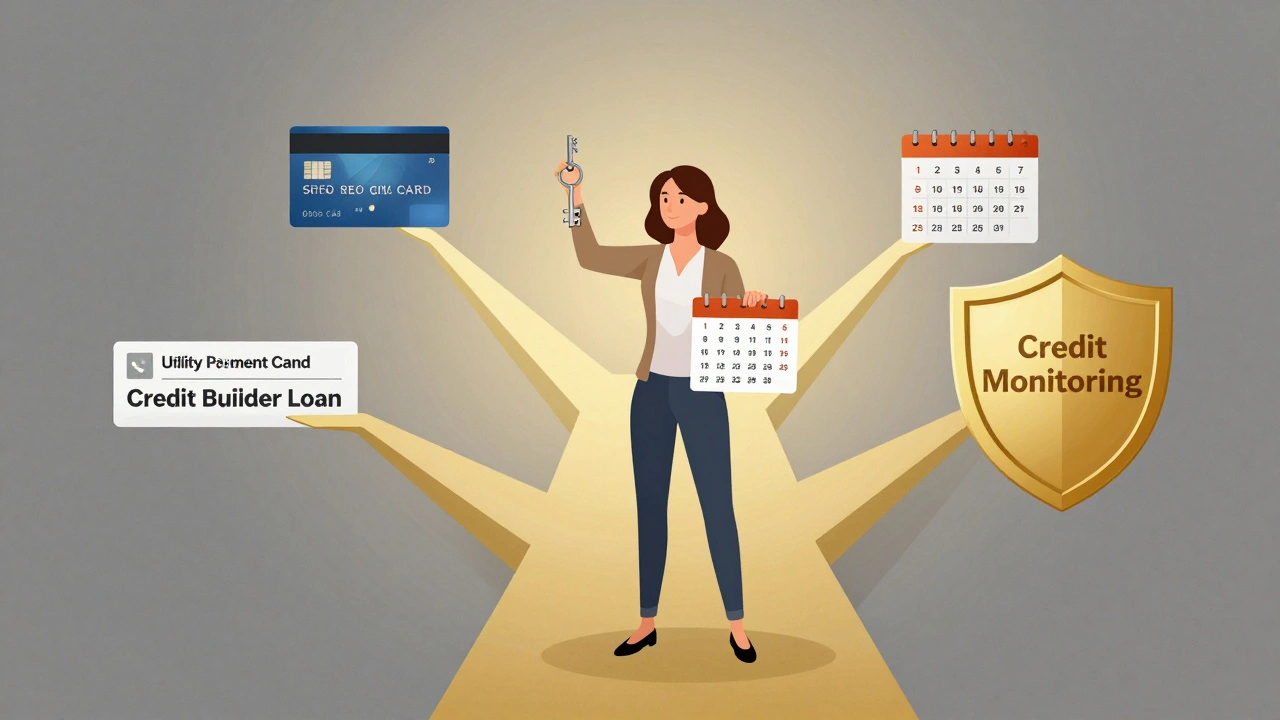 Woman standing at a path of credit-building steps, background shifting from gray to gold.