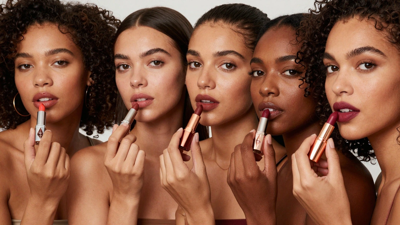 Women with diverse skin tones testing richly pigmented lipsticks in natural daylight.