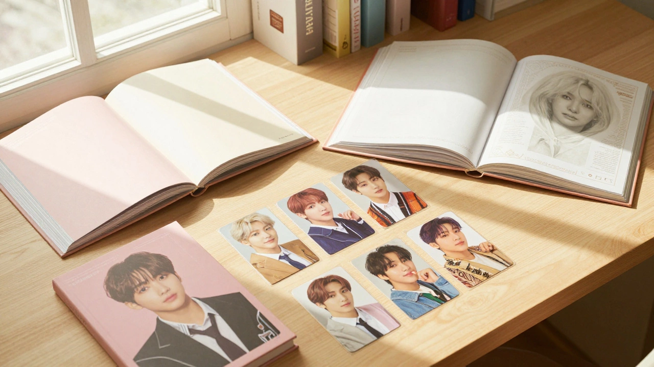 A collection of K-Pop albums and photocards arranged on a wooden desk in sunlight
