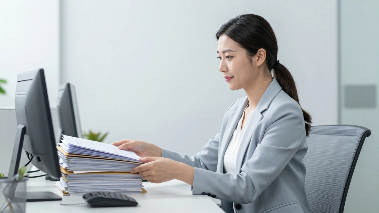 A confident woman in a bright modern office setting maintaining professional boundaries at her desk.