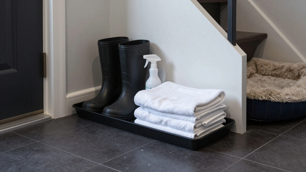 A dedicated mudroom cleaning station with a boot tray, towels, and a cozy pet nook