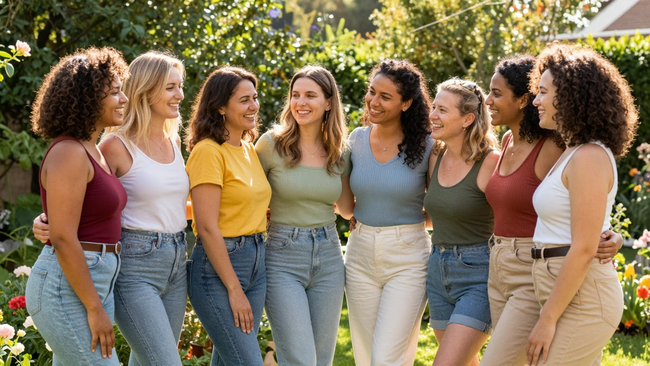 A diverse group of women laughing and embracing in a sunny garden.