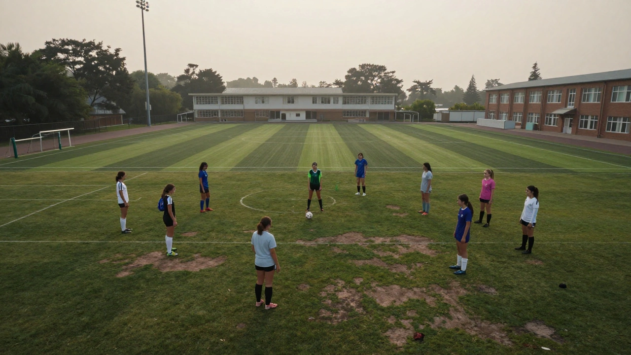 A girls' soccer team practicing on a worn field next to a high-end professional facility.